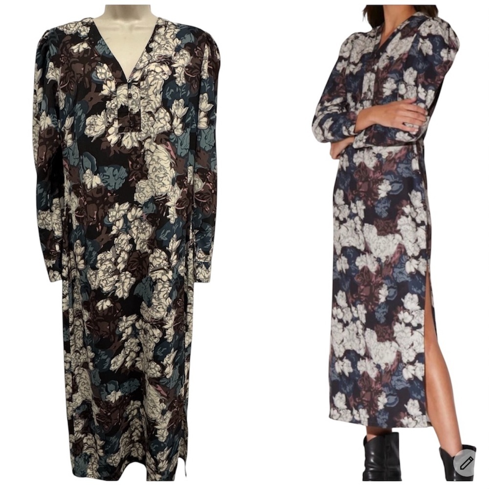 Walter Baker Floral Maxi Dress S Long Sleeve Puff Shoulder‎ Slit Detail Kendall